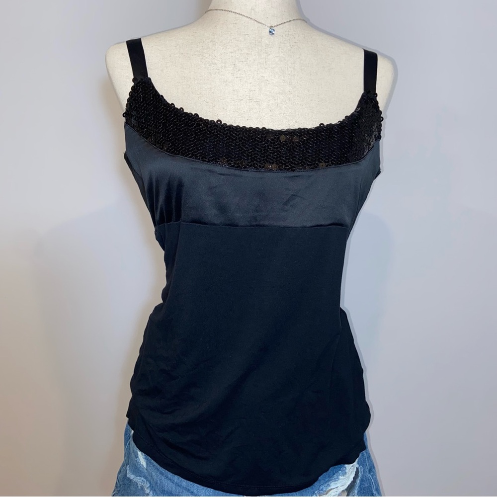 The Limited Elegant Black Sequin Trim Satin Camisole Top size large